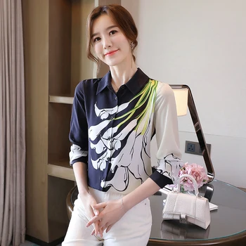 Korėjos Šilko Moterų Marškiniai Moteris Šilko Spausdinti Marškinėliai Moterims Ilgomis Rankovėmis Marškinėliai Moteris Gėlių Šilko Palaidinės Viršų Plius Dydis Blusas De Mujer