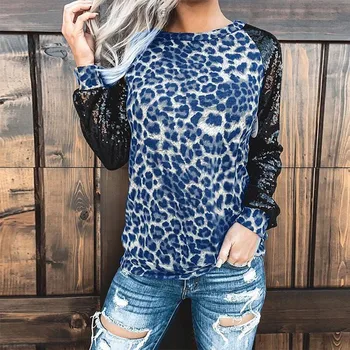 Moterų Atsitiktinis Leopardas Spausdinti Blizgančiais O Kaklo, ilgomis Rankovėmis Laisvi Marškinėliai Topai t marškinėliai moterims
