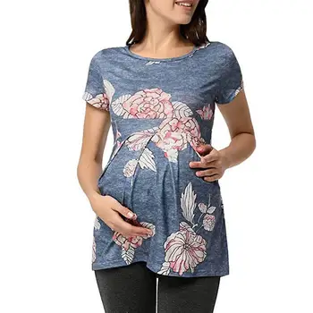 Nauja motinystės marškinėliai nėščioms moterims short-sleeve pynimas spausdinti bijūnas gėlių marškinėliai krūtimi motinystės suknelė