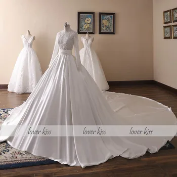 Meilužio Bučinys vestido de novia Elegancija Satino ilgomis Rankovėmis Vestuvių Suknelė Nėrinių Perlai Nuotakos Vestuvių Suknelės arabų caftan mariage