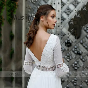 Išgalvotas Balta Boho Ilgomis Rankovėmis Vestuvių Suknelės 2021 Vien Kaklo Nėriniais, Šifono Paplūdimio Bohemijos Vestuvių Suknelė Backless Pigūs Nuotakos Suknelė