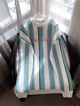 Mėlyna apvalaus kaklo džemperis moterims, laisvas Megztinis dėvėti Slouchy vėjo stripe Marškinėliai Top rudens 2020 NAUJAS