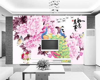 Beibehang Užsakymą tapetai Kinijos Bijūnas Povas Freskos Gyvenimo kambario, Miegamasis Freskos Namų dekoro TV fono sienos 3d tapetai