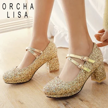 ORCHA LISA Pažymėjo tne 2019 vestuvių batai Moterims, siurbliai, Blizgučiai kalnų krištolas čiurnos dirželis block kulniukai šalis suknelė bateliai Auksas, sidabras