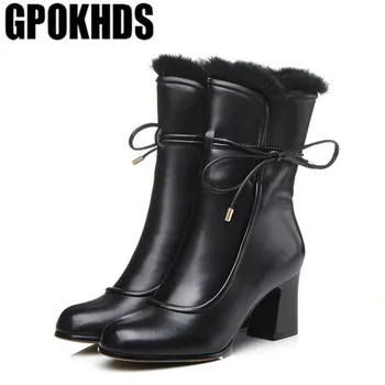 GPOKHDS 2019 moterų batai karvės odos žiemos triušio plaukų spalva juoda nėrinių aikštėje kojų užtrauktukai aukšti kulniukai moterų batai