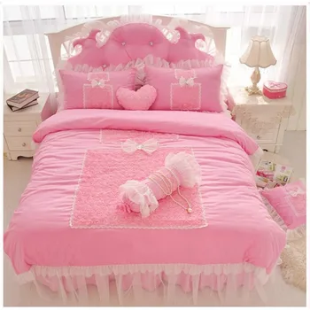 Romantiška rožinė princesė patalynės komplektas queen ' king size 4pcs Raukiniai, Nėriniai Gėlės antklode padengti lova sijonas lovatiesė medvilnės pagalvių užvalkalai