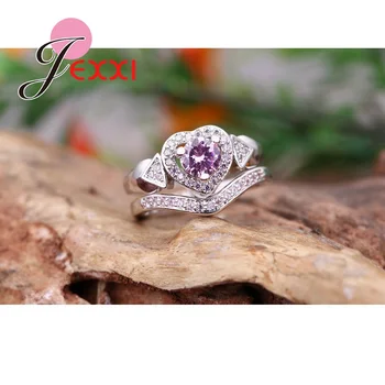 Klasikinis Romantiška Mados Rožinė Kubinių Zirconia Vestuviniai Žiedai Rinkinys Moterims 925 Sterlingas Sidabro Dalyvavimas Pasiūlymą Žiedai