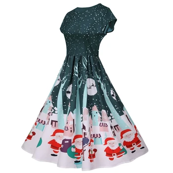 Moterų Mados Kalėdų trumpomis Rankovėmis Atspausdintas Apvalios Kaklo Big Swing Suknelė