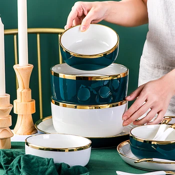 Europos Elegantiškas Sklandžiai Keramikos Aukso Ratlankio Plokštė Maisto Patiekalas Šiaurės Šalių Namų Retro Porceliano Indai Dubenį Vakarienė Plokštės Indai Rinkinys