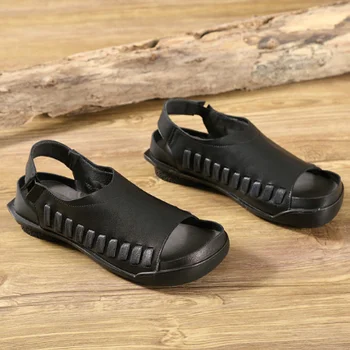 Careaymade-Atsitiktinis odos sandalai moterims naujo plokščiadugnės mažos kulno žuvų burna batai,RETRO meno minkšto paviršiaus, ne slydimo minkšto dugno