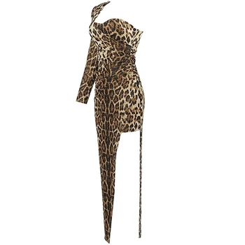 2021 m. Pavasarį Moterų Sexy Nesimetriškas Vieną Petį Diamond Leopard Suknelė Bodycon Celebrity Club Vakare Šalis Suknelė Vestidos