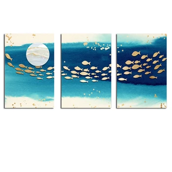 Abstrakti Aukso Žuvys Kinų Tapybos Drobės Big Blue Plakato spauda Prabangus Sienos Meno kambarį Aukso tableaux Nuotrauką 6-1