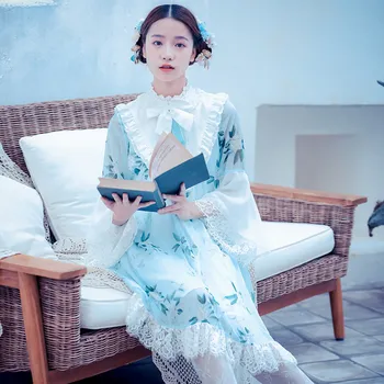 Kinų stiliaus kawaii girl saldus lolita suknelė vintage stovėti nėrinių bowknot blyksnius rankovėmis spausdinti kawaii suknelė loli gothic lolita biuras
