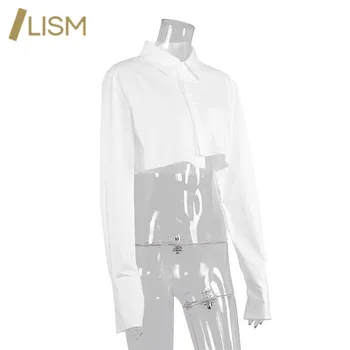 LISM Kietas Kišenės Turn-Žemyn Apykaklės Moterų Palaidinė Atsitiktinis ilgomis Rankovėmis Balti Marškiniai, Elegantiškas Mygtuką 