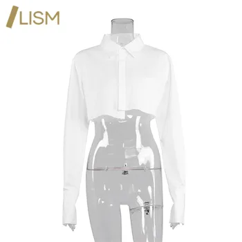 LISM Kietas Kišenės Turn-Žemyn Apykaklės Moterų Palaidinė Atsitiktinis ilgomis Rankovėmis Balti Marškiniai, Elegantiškas Mygtuką 