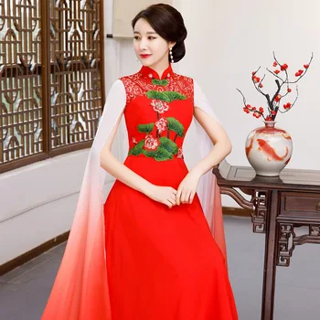 Raudona Vestuves Cheongsam Rytų vakarinę Suknelę Kinijos Tradicinės Moterų Elegantiškas Qipao Sexy Ilga Mantija Retro Vestido S-XXL