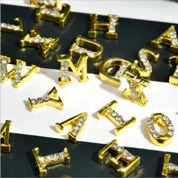 10vnt 3D Nagai Metalo Žodžiai ABC Laiškas Su Cirkonio Cirkonis Brangiuosius Akmenis, Aukso Abėcėlė Dizaino Nagų Dailės Papuošalai