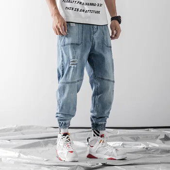2019 Naujas Streetwear Vyrai Džinsai Hip-Hop Džinsai Baggy Poilsiu Džinsai Vyrų Haremas Dviratininkas Džinsinio audinio Kelnės LBZ116