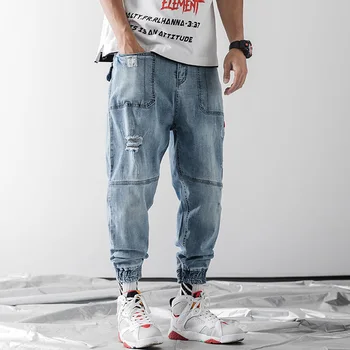 2019 Naujas Streetwear Vyrai Džinsai Hip-Hop Džinsai Baggy Poilsiu Džinsai Vyrų Haremas Dviratininkas Džinsinio audinio Kelnės LBZ116
