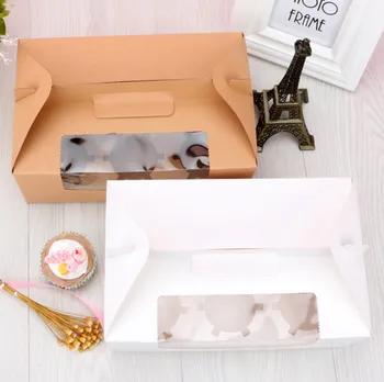 100vnt Nešiojamų Kraft Popieriaus cupcake pyragas dėžutė su langeliu,cupcake pakuotės dėžutė su rankena,kišeninis Blynai 6 keksiukų amatų dėžutę