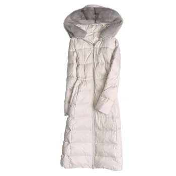 Naujas atvykimo nekilnojamojo audinės kailiniai paltai žąsų pūkų paltai Žiemos mados moterų buvo plonas, per kelio gobtuvu šiltą žąsų žemyn Parkas F1853