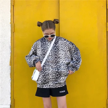 Pavasario Harajuku Leopardas Spausdinti Striukės Moterims Ilgomis Rankovėmis Draugu Kailis Mados Korėjos Negabaritinių Streetwear Ponios Striukė Drabužiai