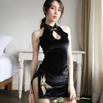 Cheongsam Derliaus Kinijos Apatinis Trikotažas Uniformas Moterų Juodo Aksomo Pusės Split Phoenix Išsiuvinėti Qipao Šalies Harajuku Vestido