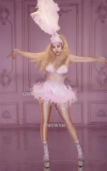 R42 Seksuali moteris rožinių plunksnų cirkonio suknelė 3d spausdinti sijonas dainininkas veiklos kristalų apranga rankovių bodysuit disco šou