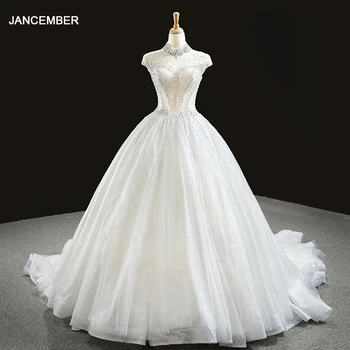 J67114 JANCEMBER Vestuvių Suknelė iki 2021 m. Bžūp Rankovėmis Aukštu Kaklu Nėriniai Atgal Spindi Krištolo Teismas Traukinio Elegantiškas