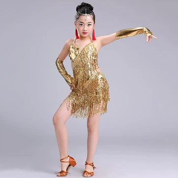 Naujas lotynų Pakraštyje Suknelė mergaitėms blizgančiais Pramoginiai lotynų Salsa Šokių Suknelė Drabužius Samba Šokių Kostiumai Vaikams Vaiku lotynų Dancewear