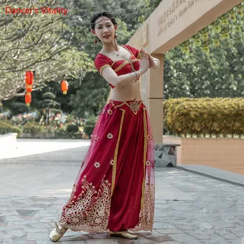 Pilvo Šokio Apranga Trumpas Rankovės Viršuje Tiulis Pločio Kojų Kelnės Indijos Dancewear Moterų Elegantiškas Marškinėliai, Kelnės Naudingumo Drabužių Rinkinys
