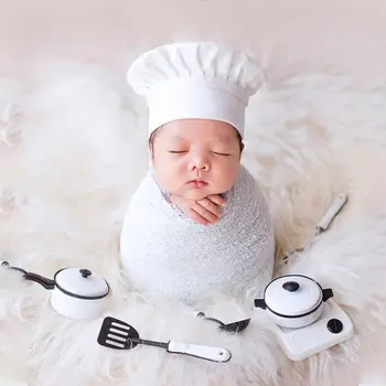 Kūdikių Fotografija Rekvizitai Little Chef Hat, White Stretch Wrap Mažai Cook Kūrybinės Rekvizitai Naujagimiai, Fotografijos Reikmenys