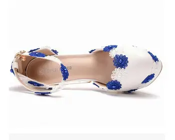 14 cm, suapvalinti tne platformos, aukštakulniai mėlynos ir baltos spalvos nėrinių gėlių perlas vestuvių batai ilga suknelė suknelė etapo rezultatus batai