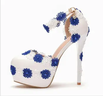 14 cm, suapvalinti tne platformos, aukštakulniai mėlynos ir baltos spalvos nėrinių gėlių perlas vestuvių batai ilga suknelė suknelė etapo rezultatus batai