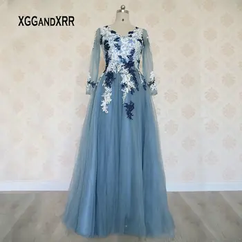Elegantiškas Ilgas Rankovėmis Ir Nėrinių Promenadzie Suknelė 2020 V Kaklo Nėrinių Aplikacijos Mėlyna Ilgą Vakarinę Suknelę Saudo Arabija Užsakymą Inscenizacija Suknelė