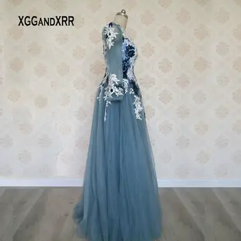 Elegantiškas Ilgas Rankovėmis Ir Nėrinių Promenadzie Suknelė 2020 V Kaklo Nėrinių Aplikacijos Mėlyna Ilgą Vakarinę Suknelę Saudo Arabija Užsakymą Inscenizacija Suknelė