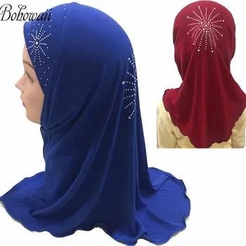BOHOWAII Plaukų variklio Dangtis, Mada Vaikams, Hijab Šalikas Musulmonų Hijabs Islamo Arabų Merginos Galvos Wrap Bžūp Hidjab su Diamond Jersey Turbaną