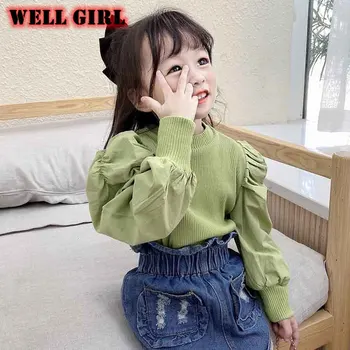 Kūdikių mergaičių megzti marškinėlius ilgomis rankovėmis viršūnes vaikų drabužius pavasario sluoksniuotos rankovėmis apvalios kaklo bamblys marškinėliai plisuotos ruched 2 iki 8 metų amžiaus