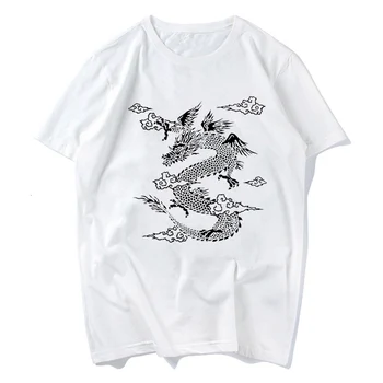 Moterų marškinėliai Streetwear Viršūnes Ulzzang Harajuku T-shirt Vasaros Negabaritinių Prarasti Atsitiktinis Marškinėliai Senovinių Kinų Drakonas Spausdinti Viršuje Tee