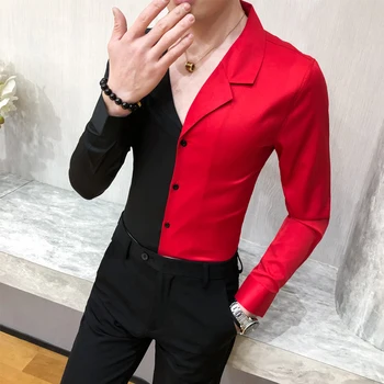 Pavasarį, Rudenį korėjos Stiliaus vyriški Marškiniai, Raudona Juoda Balta Sujungimas Dizaino Vyrų Marškinėliai ilgomis Rankovėmis vientisos Spalvos Atsitiktinis Marškinėliai Slim Fit