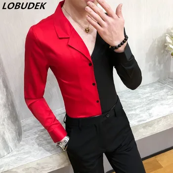 Pavasarį, Rudenį korėjos Stiliaus vyriški Marškiniai, Raudona Juoda Balta Sujungimas Dizaino Vyrų Marškinėliai ilgomis Rankovėmis vientisos Spalvos Atsitiktinis Marškinėliai Slim Fit
