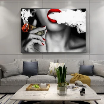 Sexy Mergina Rūkyti Cigarų, Plakatų Ir Grafikos Raudona Lūpų Sienos Menas Drobė Spausdina Šiuolaikinio Pop Meno Paveikslų Namų Sienų Apdaila