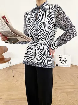 TMODA521 Elegantiškas Moteris Leopard Kratinys Marškinėliai 2021 Mados Ponios Lankas Apykaklės Viršūnes Streetwear Moterų Prašmatnus Zebra-Juostele Palaidinukės