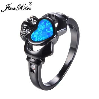 JUNXIN Prekės Blue Fire Opal Žiedas Moterų Širdies Žiedas Senovinių Vestuvių, Sužadėtuvių Žiedai Moterims Juodojo Aukso Užpildytas bižuterijos