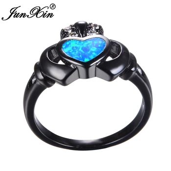 JUNXIN Prekės Blue Fire Opal Žiedas Moterų Širdies Žiedas Senovinių Vestuvių, Sužadėtuvių Žiedai Moterims Juodojo Aukso Užpildytas bižuterijos