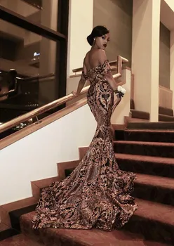 JaneVini Afrikos Juodos ir Aukso Undinė Prom Dresses 2019 Ilgai Off Peties Moterų Blizgučiais Vakare Chalatai vestido baile gala 2020 m.