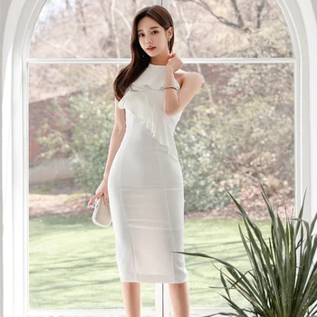 Naujas atvykimo moterų mados bodycon suknelė temperamentas korėjos stiliaus vasaros elegantiškas šifono seksualus klubas berankovė baltos spalvos pieštuku suknelė