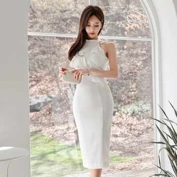Naujas atvykimo moterų mados bodycon suknelė temperamentas korėjos stiliaus vasaros elegantiškas šifono seksualus klubas berankovė baltos spalvos pieštuku suknelė