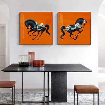 Mados Oranžinės spalvos Fone Drobės Tapybos Black Horse Nuotraukas Modernių Namų Puošmena Kambarį Uhique Plakatas ir Spausdina