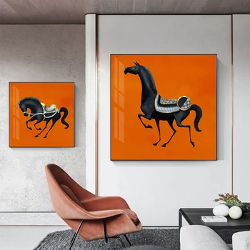Mados Oranžinės spalvos Fone Drobės Tapybos Black Horse Nuotraukas Modernių Namų Puošmena Kambarį Uhique Plakatas ir Spausdina